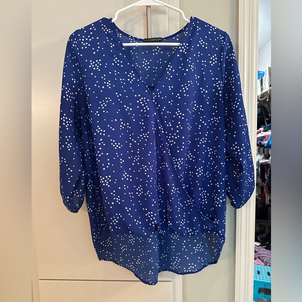 West Kei Blue and White Relaxed Faux Wrap Blouse
